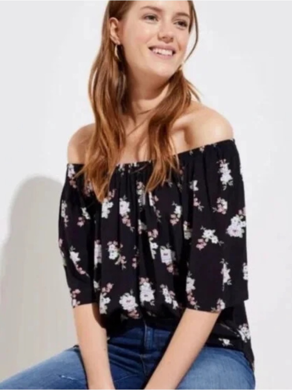 LOFT Black Off The Shoulders Top White Pink Floral Print Size Medium